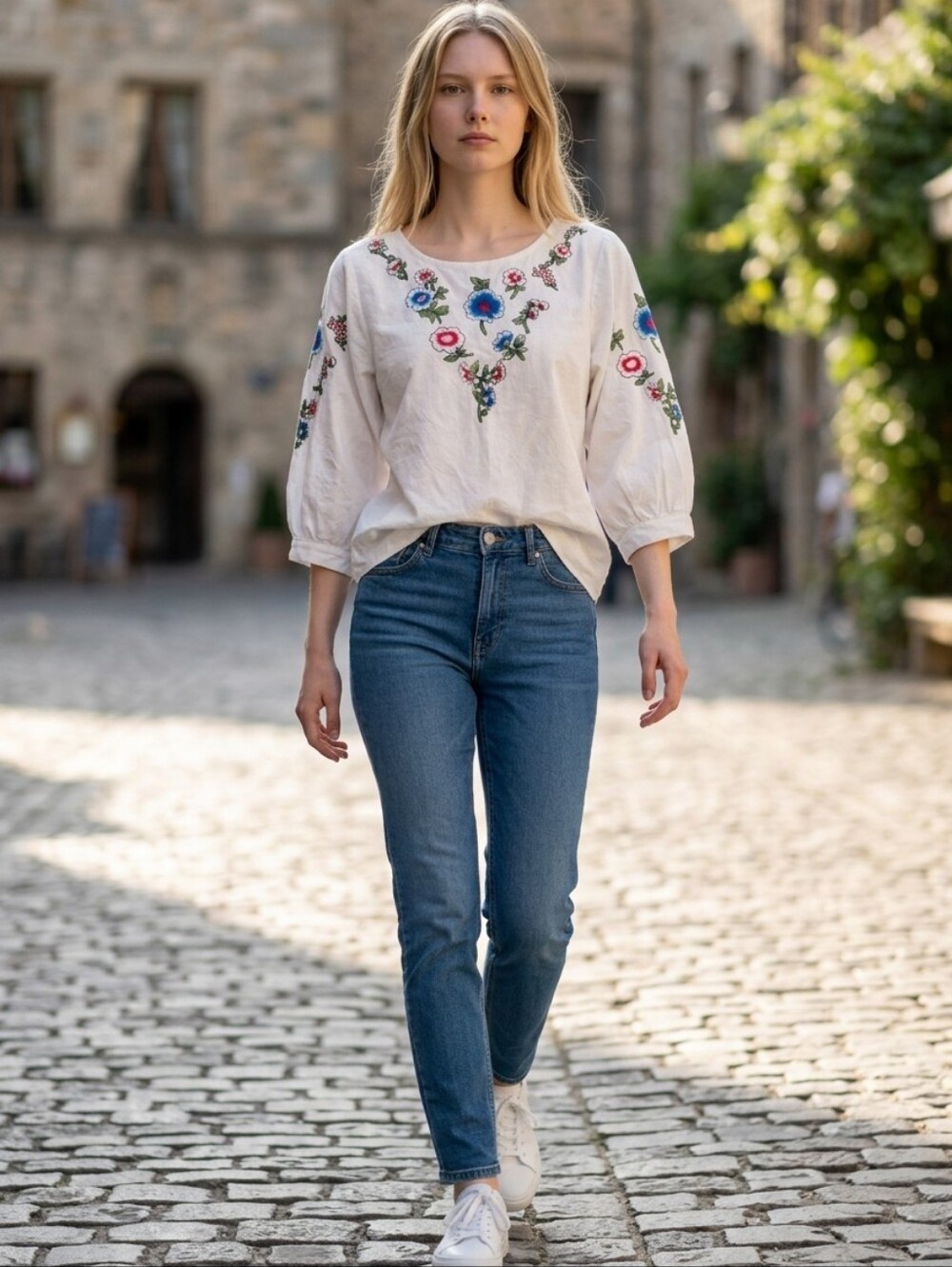 Bohemian Hand Stitched Embroidered White Peasant Blouse